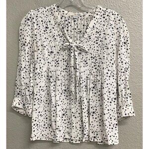 Boden Blouse Star Print Flowy White Black Lightweight Tie Neck Celestial Career